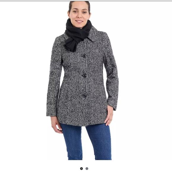 London Fog classic single breasted wool coat herringbone black and white - Picture 1 of 6